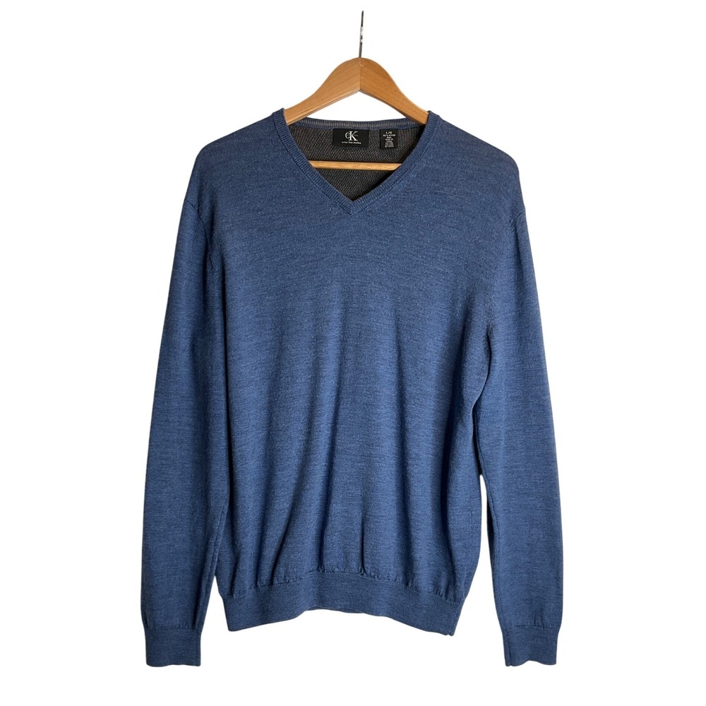 Calvin Klein Extra Fine Merino Wool Sweater Blue V-Neck Pullover Preppy Luxury L